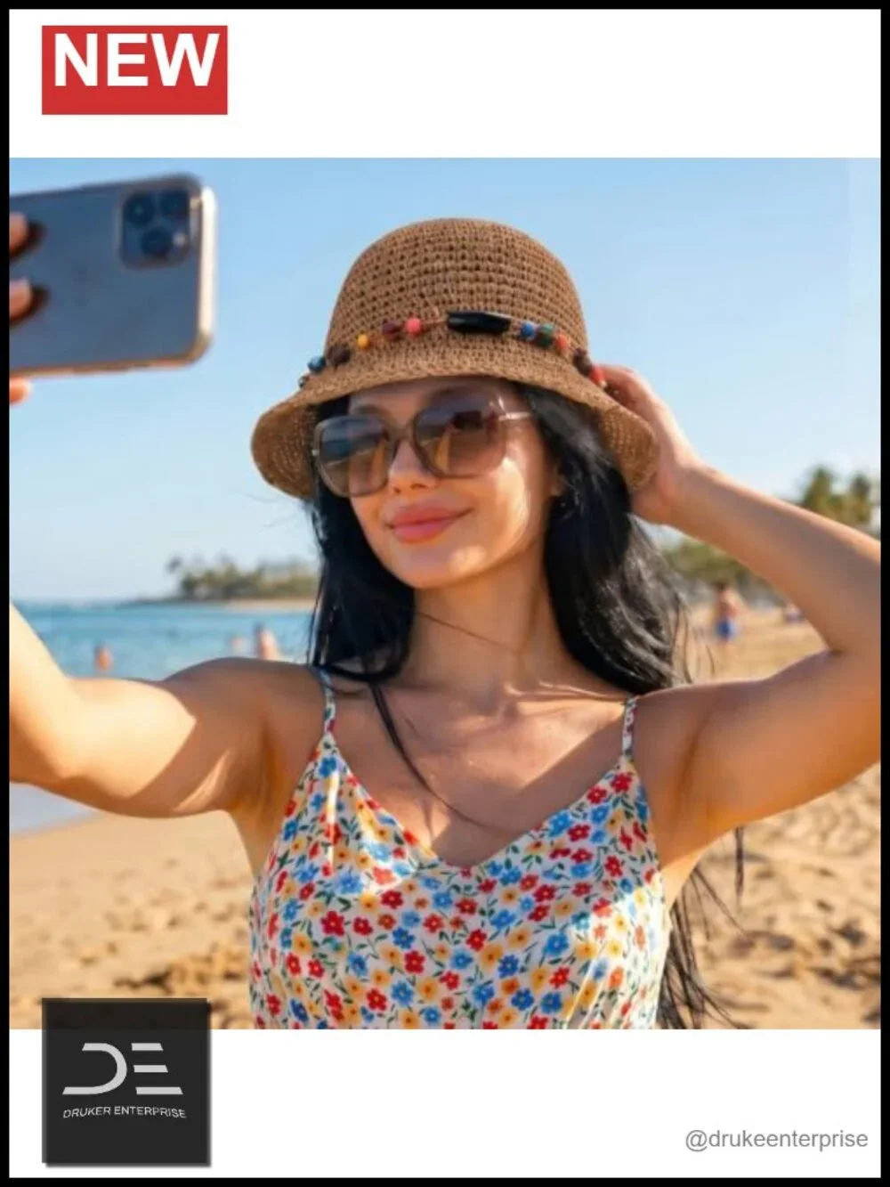 Handmade Straw Wide Brim Sun Hat with Decorative Chain, Packable